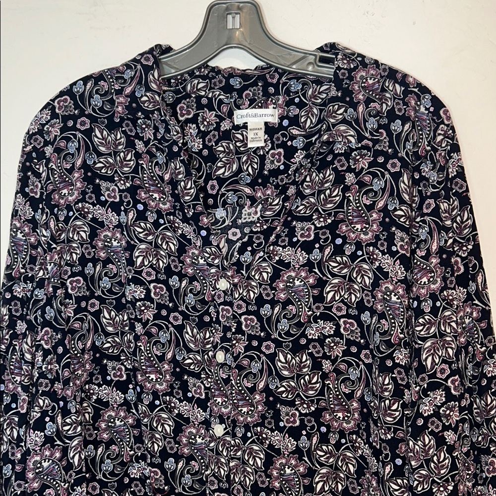 Croft & Barrow 3X Woman Rayon Floral Paisley Leaf Pattern Button Up Blouse - Picture 6 of 13